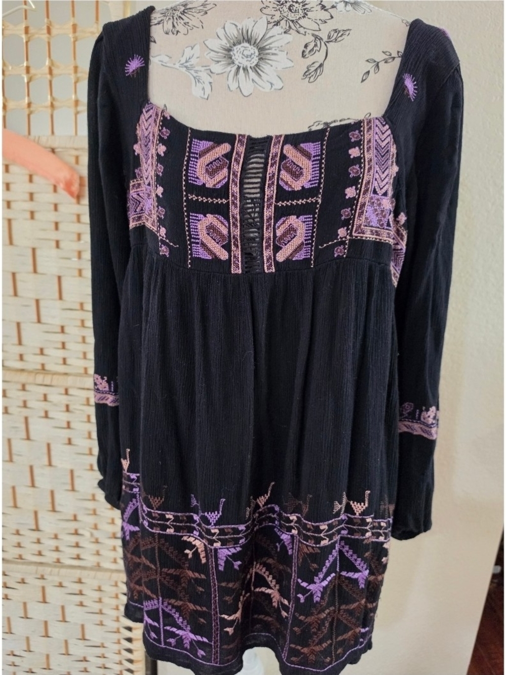 Free People. Black Embroidered Long-Sleeve Tunic Top - Purple Accents